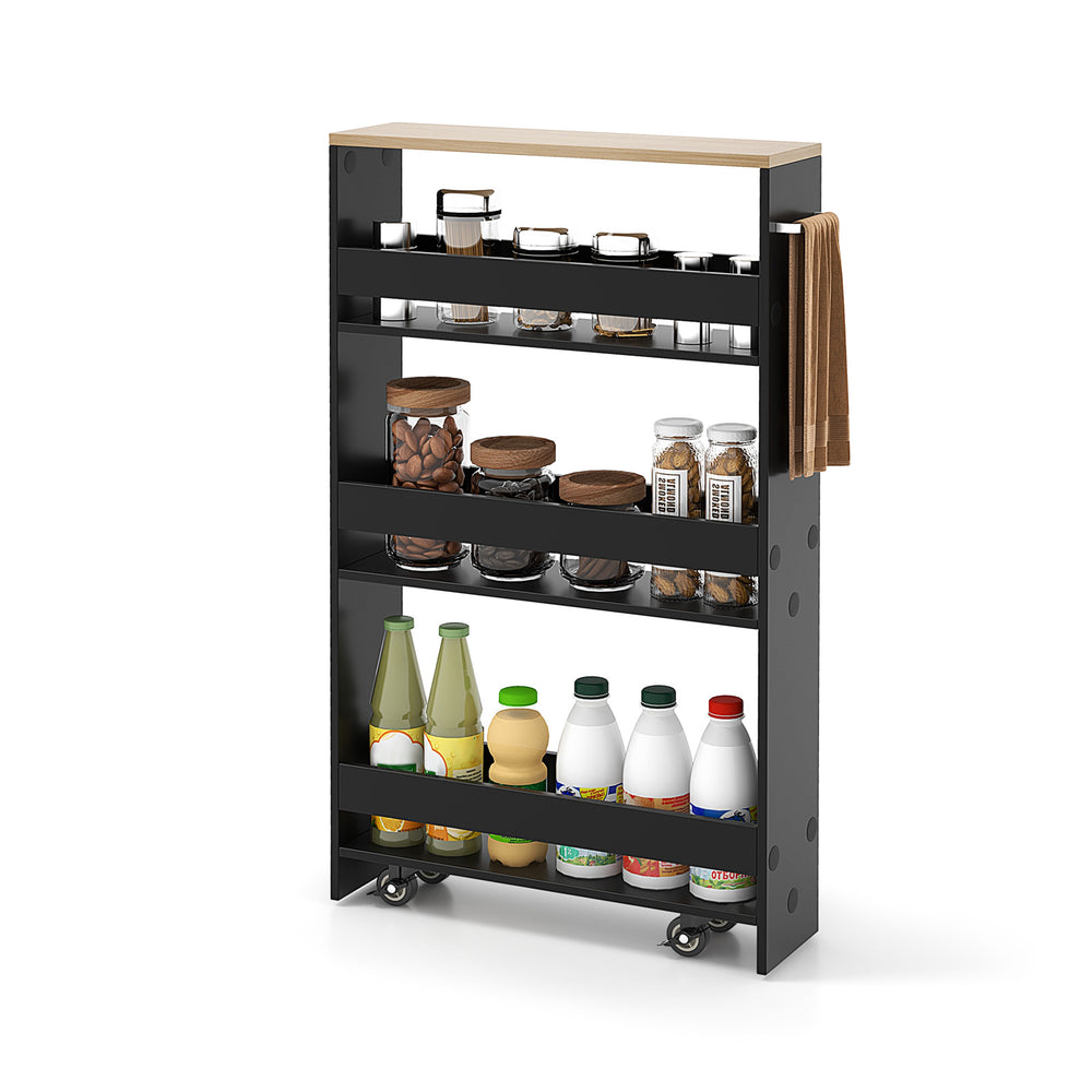 Rolling kitchen slim storage cart in black with open shelves, handle, and wheels for easy mobility and organization.