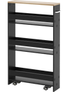 Rolling kitchen slim storage cart in black with open shelves, side handle, and wheels for easy mobility and.