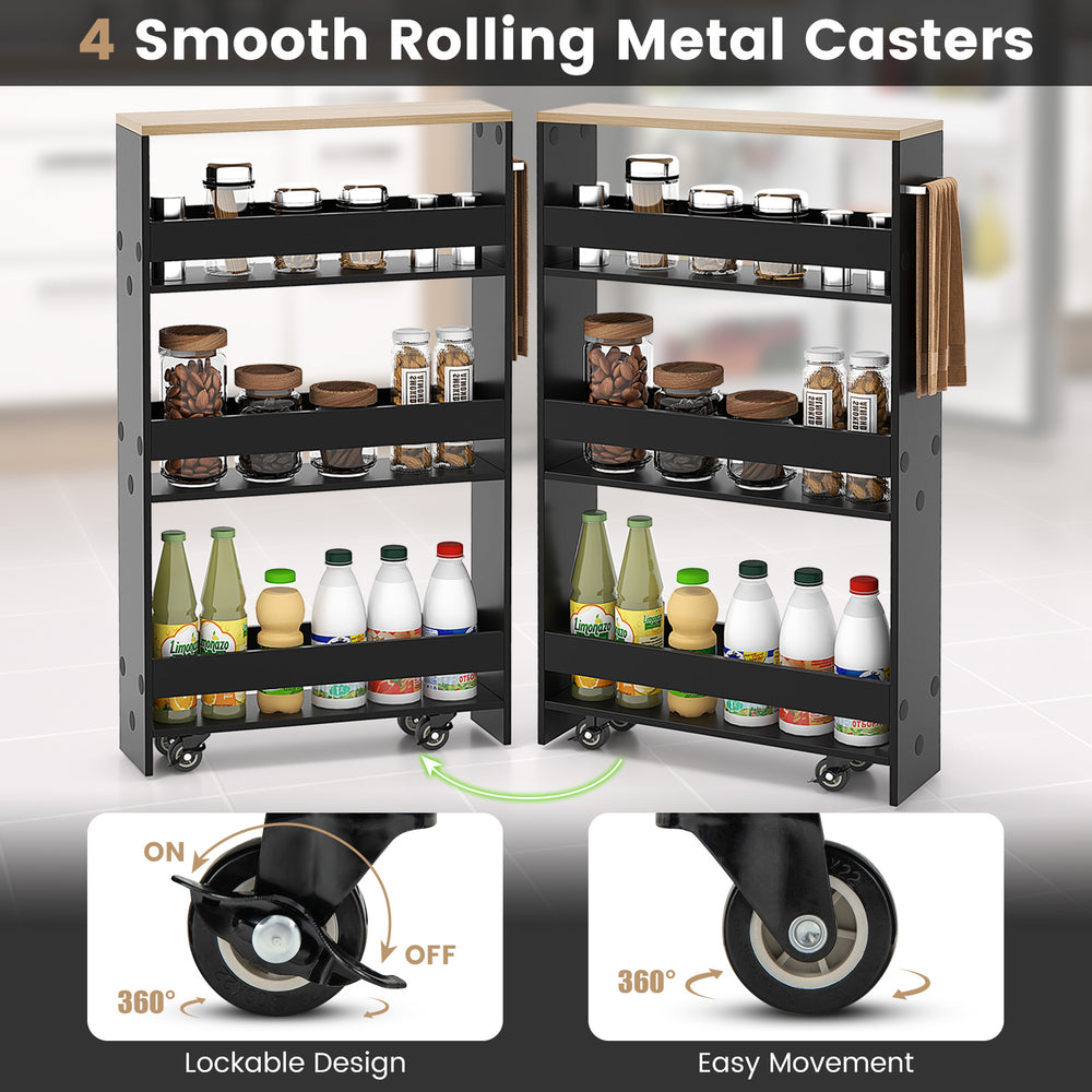 Rolling kitchen slim storage cart in black with open shelves and 4 smooth rolling casters for easy movement and.