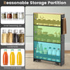 Rolling kitchen slim storage cart in black with open shelves, ideal for organizing spices and drinks in any room.