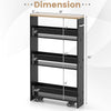 Rolling kitchen slim storage cart in black, featuring open shelves and dimensions for versatile organization in any.