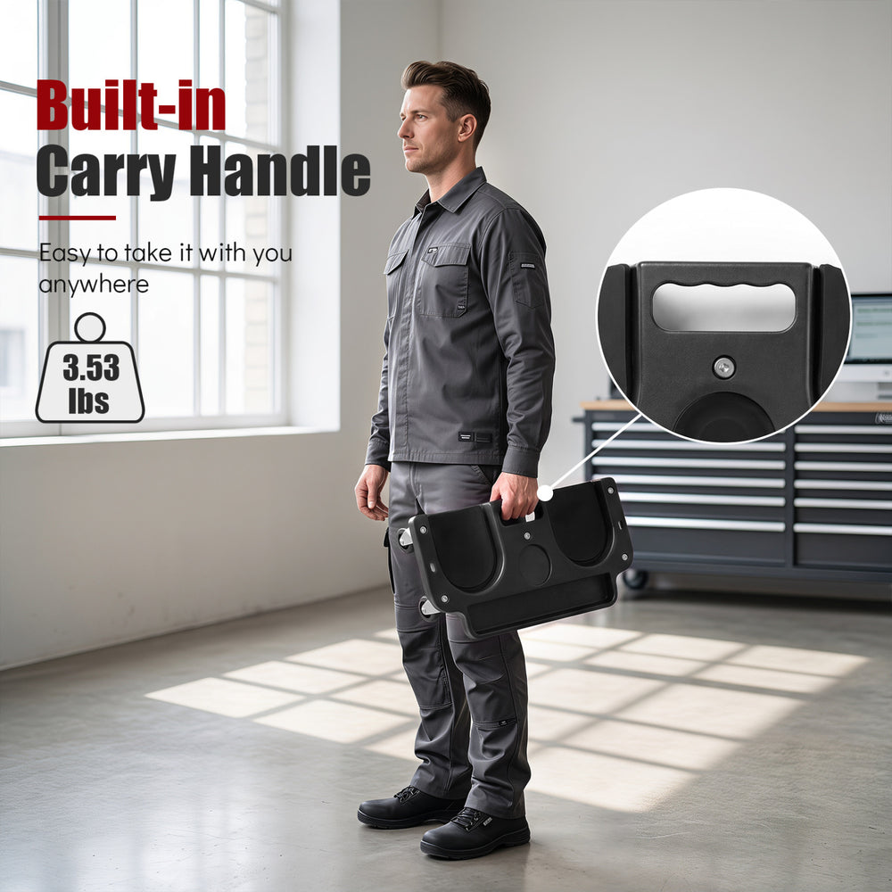 Rolling knee creeper with built-in carry handle, lightweight design, and 360° swivel casters for versatile use.