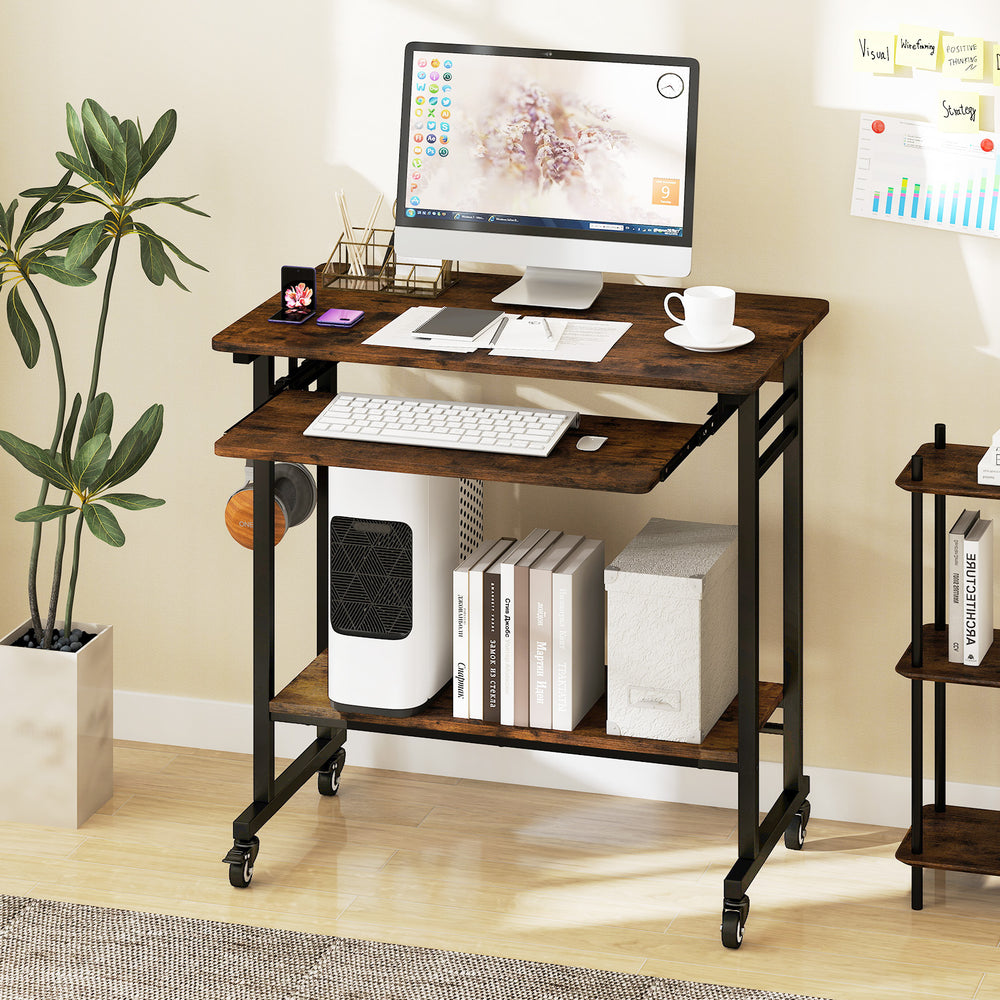 Rolling laptop table in rustic brown with pull-out keyboard tray, hooks, and bottom shelf for computer tower storage.