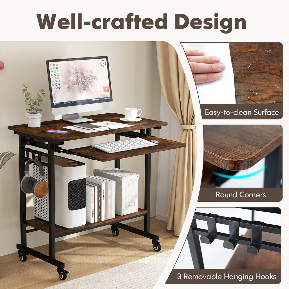 Rolling laptop table in rustic brown with pull-out keyboard tray, 3 hooks, and bottom shelf for convenient storage.
