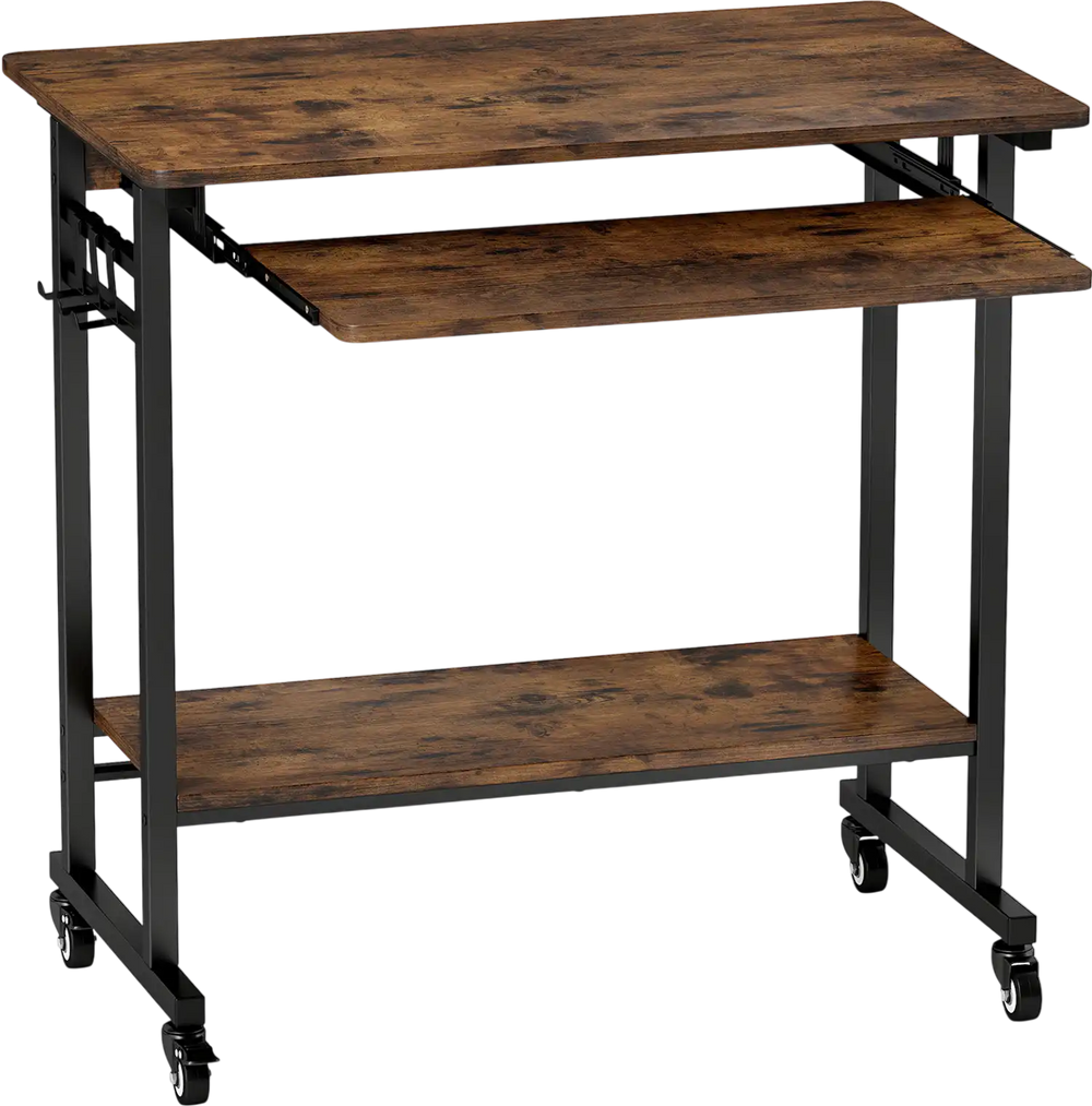 Rolling laptop table in rustic brown with smooth metal slides for easy keyboard tray access and sturdy construction for.