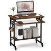 Rolling laptop table in rustic brown with pull-out keyboard tray, hooks, and bottom shelf for convenient storage.