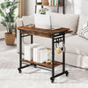 Rolling laptop table in rustic brown with a smooth surface, bottom shelf for storage, and durable construction for.