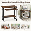 Rolling laptop table in rustic brown with pull-out keyboard tray, hooks, and bottom shelf for versatile workspace use.