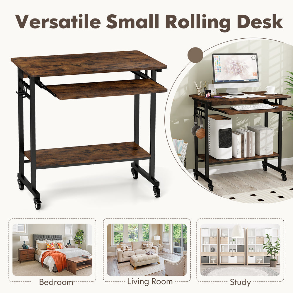 Rolling laptop table in rustic brown with pull-out keyboard tray, hooks, and bottom shelf for versatile workspace use.