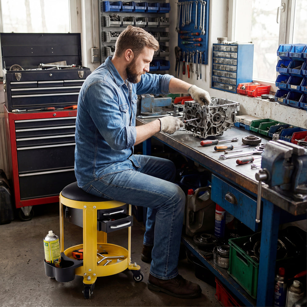 Rolling Mechanic Stool with Removable Padded Seat and Drawers-Yellow - Gallery View 1 of 9