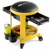 Rolling mechanic stool in yellow with a padded seat, two drawers, and tool tray for convenient mobility and storage.