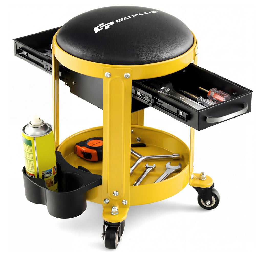 Rolling mechanic stool in yellow with a padded seat, two drawers, and tool tray for convenient mobility and storage.