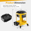 Rolling mechanic stool in yellow with padded seat, tool tray, and drawers, designed for flexible movement and comfort.