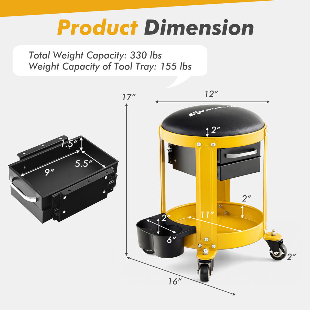Rolling mechanic stool in yellow with padded seat, tool tray, and drawers, designed for flexible movement and comfort.