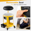 Rolling mechanic stool in yellow with removable padded seat, two drawers, and sturdy metal frame for versatile use.
