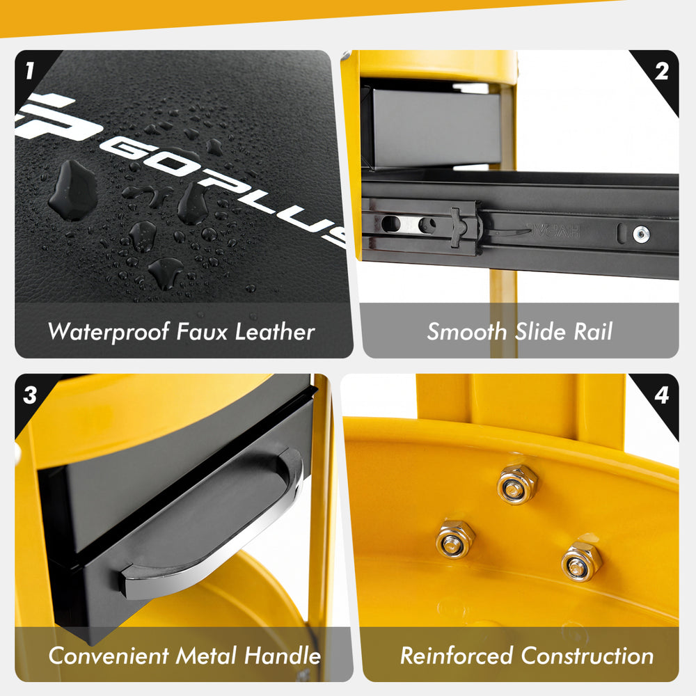 Rolling mechanic stool in yellow with waterproof faux leather, padded seat, and convenient drawers for tool storage.