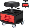 Rolling mechanic stool with cushioned seat, dual tool trays, adjustable height, and 360° rotation for garage use.