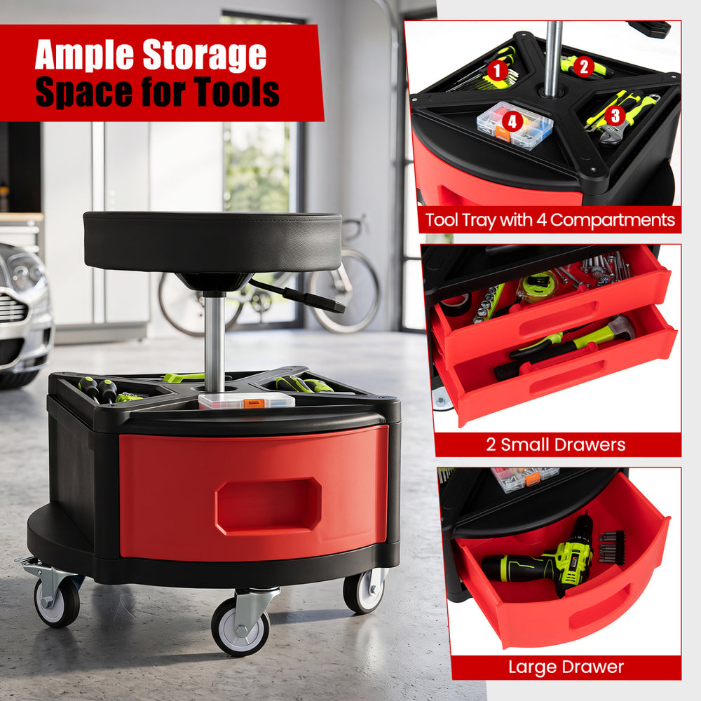 Rolling mechanic stool with cushioned seat, dual tool trays, and 360° rotation, ideal for garages and repair shops.