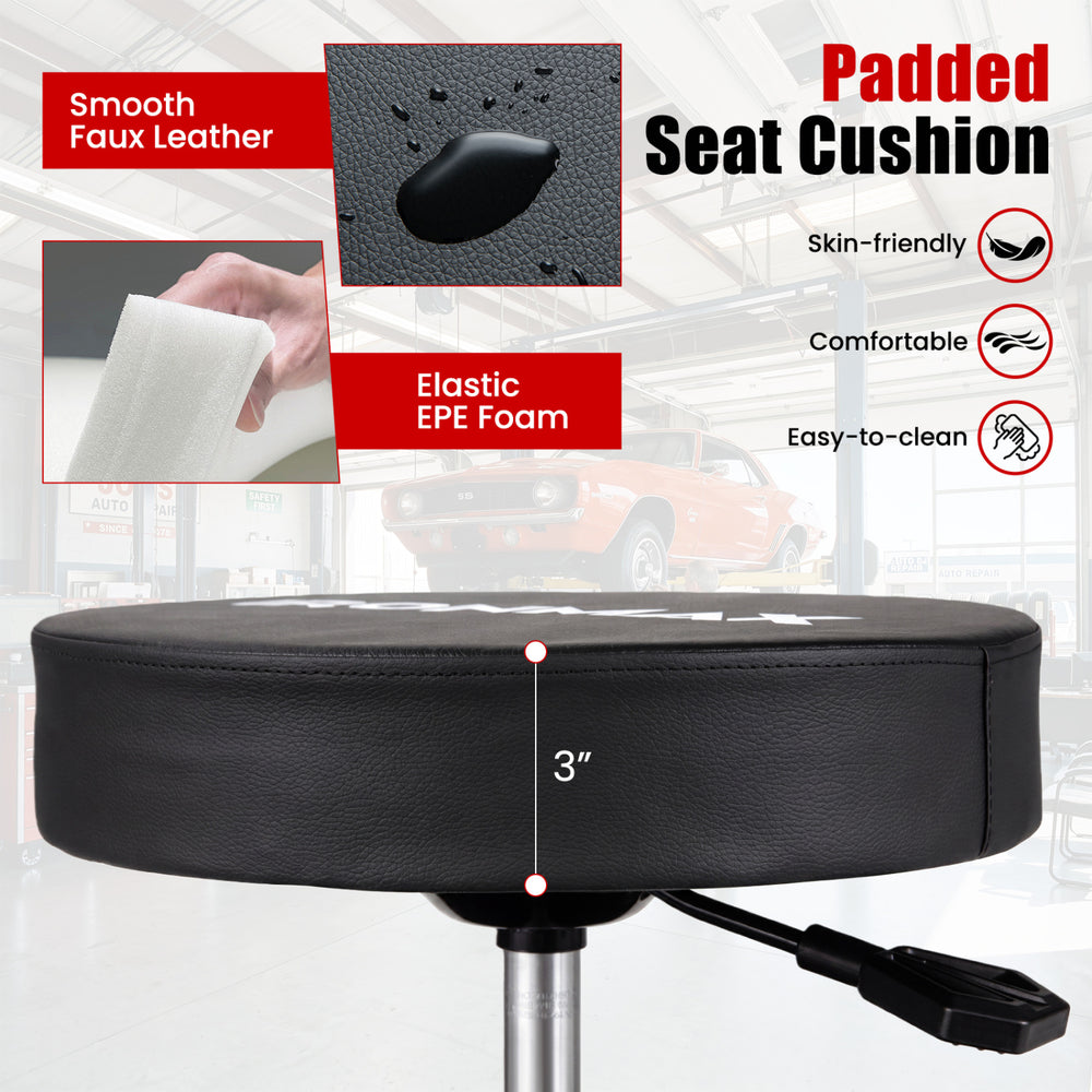 Cushioned seat of the rolling mechanic stool features smooth faux leather, adjustable height, and dual tool trays for convenience.