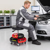 Rolling mechanic stool featuring a cushioned seat, 360° rotatable design, and five wheels for easy mobility in workshops.