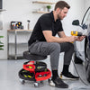 Rolling mechanic stool with cushioned seat, adjustable height, and 5 wheels, ideal for garages and repair shops.