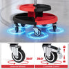 Rolling mechanic stool with cushioned seat, 5 universal wheels, and 2 lockable casters for stability and flexibility.