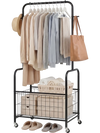 Rolling metal clothes rack in black with hanging rod, storage basket, and wheels for easy mobility and organization.