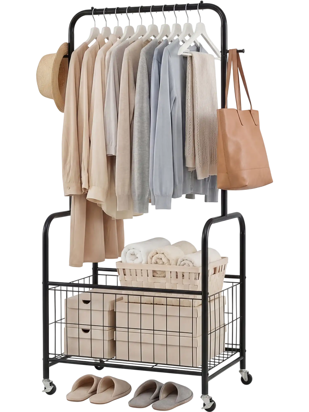 Rolling metal clothes rack in black with hanging rod, storage basket, and wheels for easy mobility and organization.