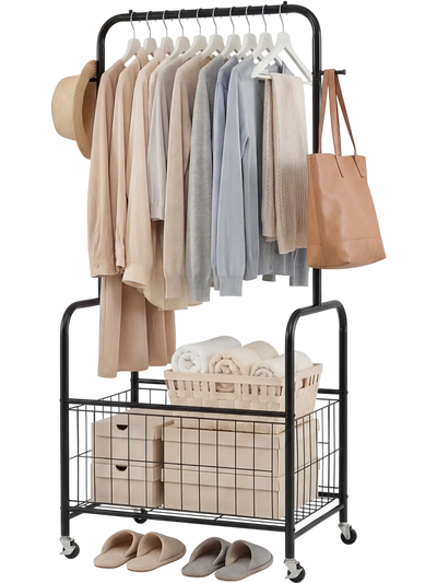 Costway Rolling Metal Clothes Rack Hanging Rod Storage Basket 32600020 New