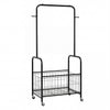 Rolling metal clothes rack in black with hanging rod, storage basket, and wheels for easy movement in any room.