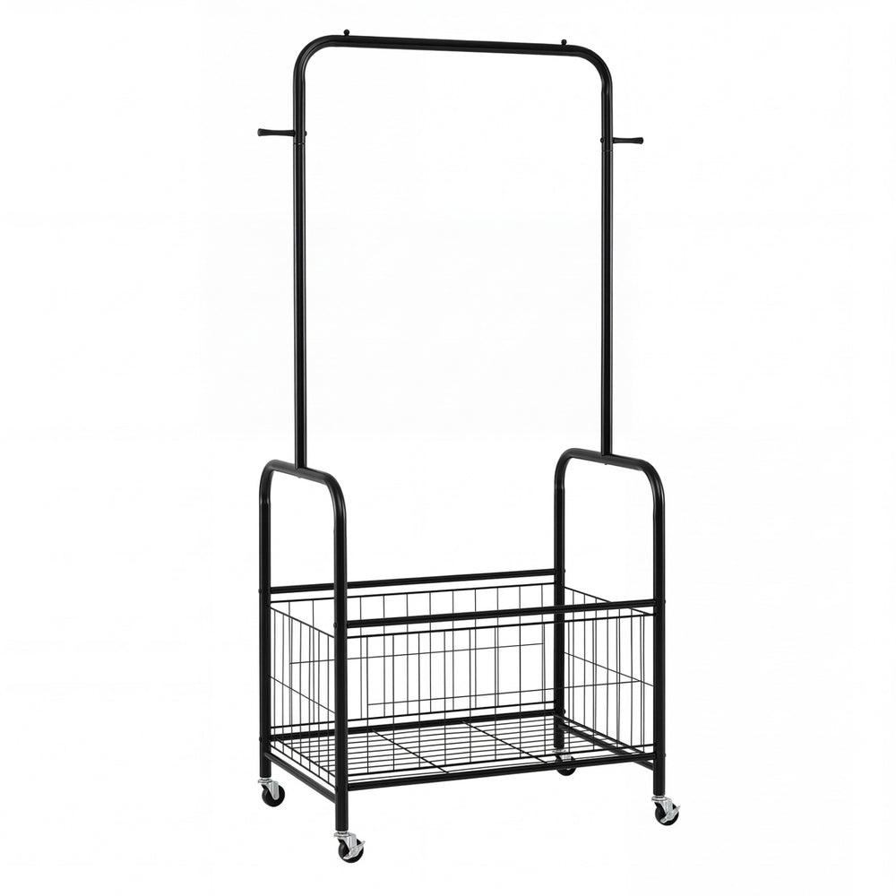 Rolling metal clothes rack in black with hanging rod, storage basket, and wheels for easy movement in any room.