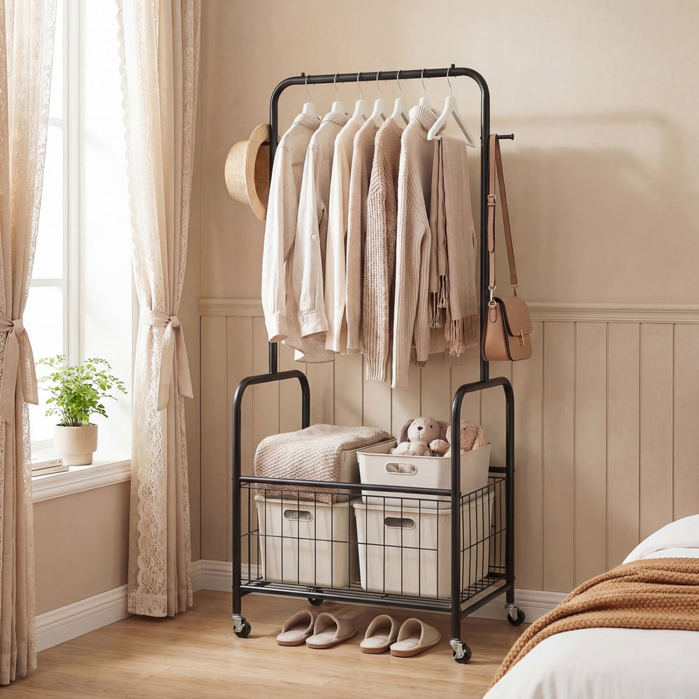 Rolling Metal Clothes Rack with Hanging Rod and Storage Basket-Black - Gallery View 1 of 10