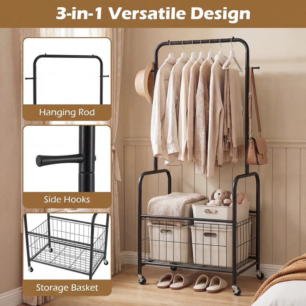 Close-up of the sturdy metal frame of the rolling clothes rack in black, featuring side hooks for additional storage.