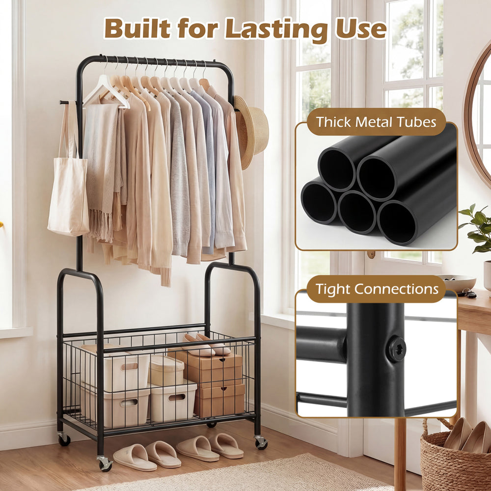 Rolling black metal clothes rack with hanging rod and storage basket, featuring sturdy construction and wheels for easy.
