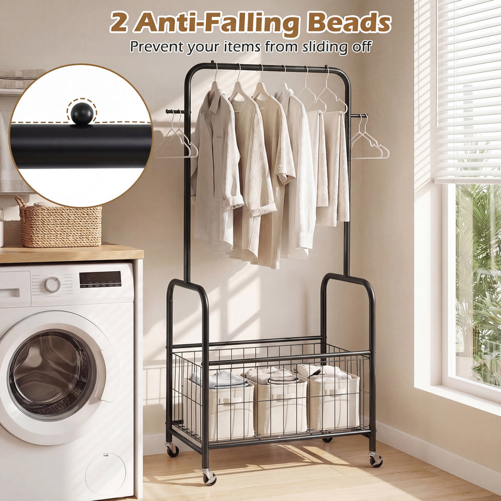 Rolling black metal clothes rack with hanging rod, storage basket, and anti-falling beads for bedroom or laundry room.