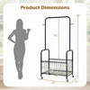 Rolling metal clothes rack with hanging rod and storage basket, 66 inches tall, ideal for organizing clothes and.
