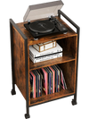 Mobile record player stand in rustic brown with vinyl storage, power outlet, and rolling wheels for easy mobility.