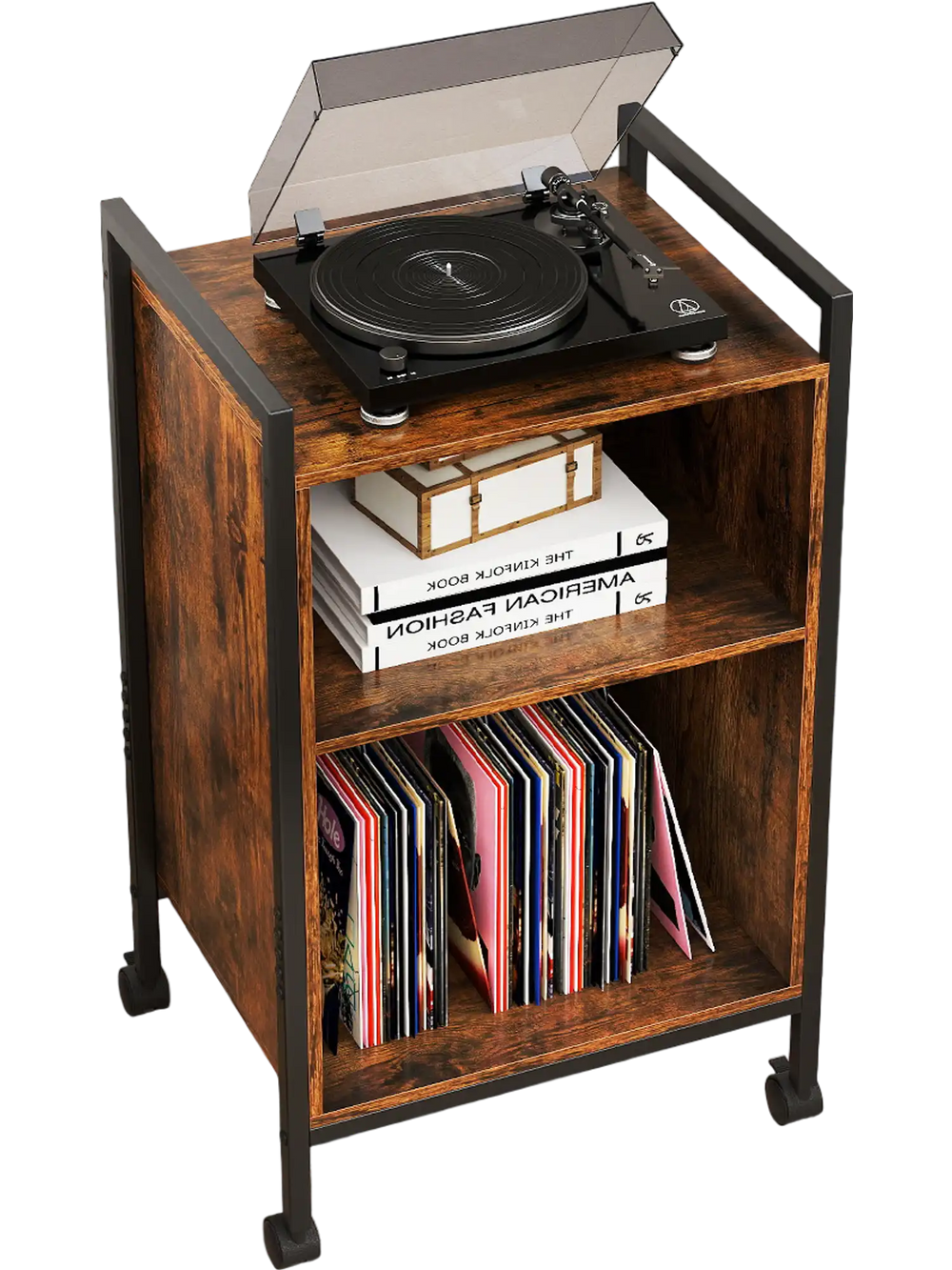 Mobile record player stand in rustic brown with vinyl storage, power outlet, and rolling wheels for easy mobility.