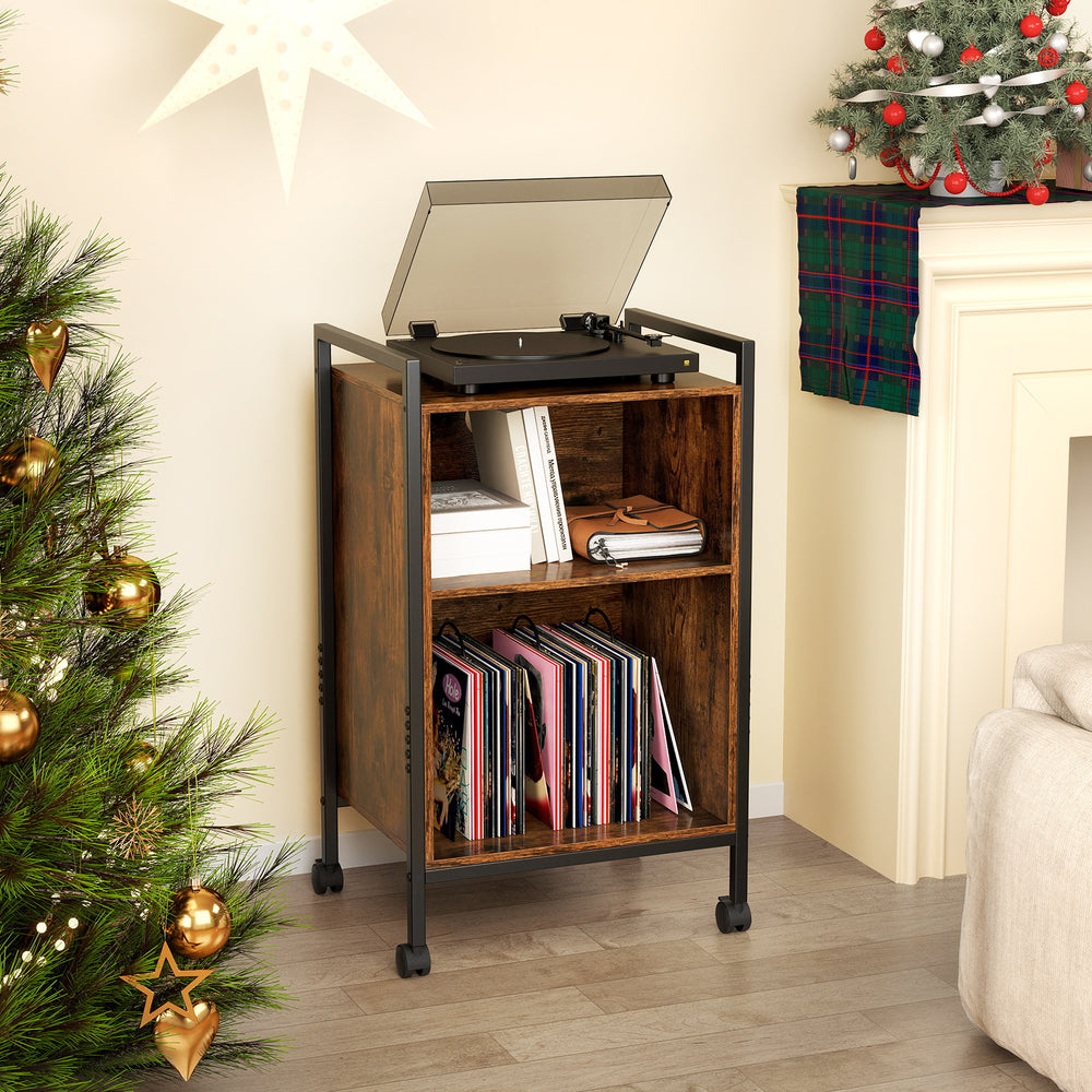 Mobile record player stand in rustic brown with open storage, removable dividers, and wheels for easy mobility.