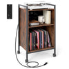 Mobile record player stand in rustic brown with 3 tiers, power outlet, and rolling wheels for vinyl storage and display.
