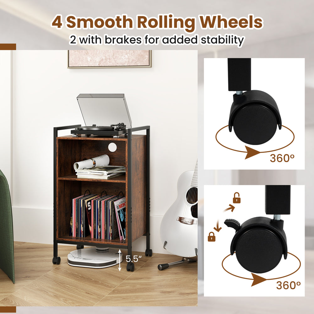 Mobile record player stand with rustic brown finish, featuring 4 rolling wheels and a 3-tier design for vinyl storage.