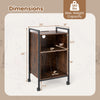 Mobile record player stand in rustic brown with dimensions, featuring 3-tier storage and cable management for vinyl.