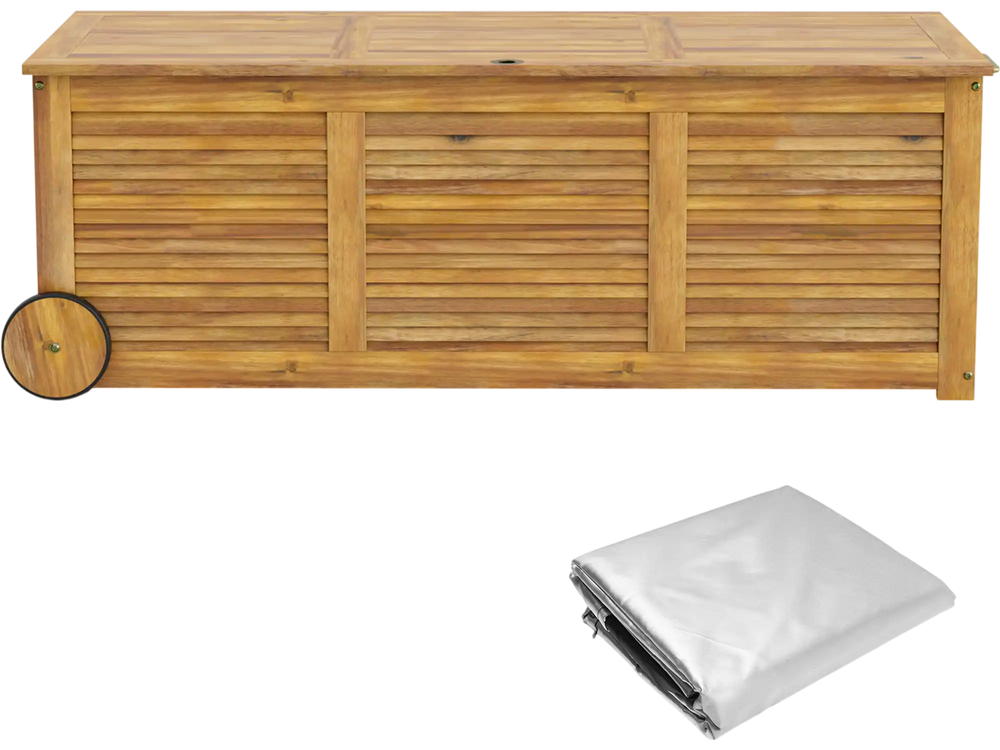 Rolling Patio Wooden Deck Box with 2 Wheels and Side Handle for Outdoor