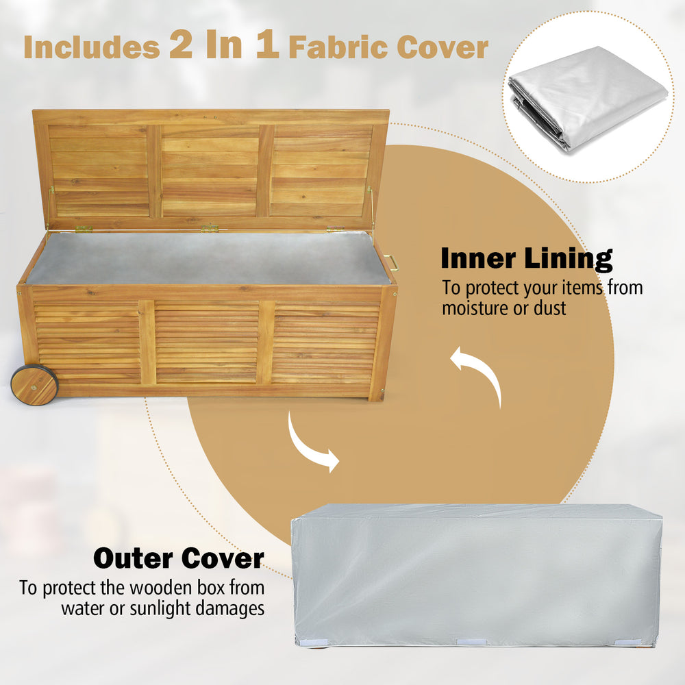 Rolling patio wooden deck box with 2 wheels, featuring waterproof fabric covers for outdoor storage and ventilation.
