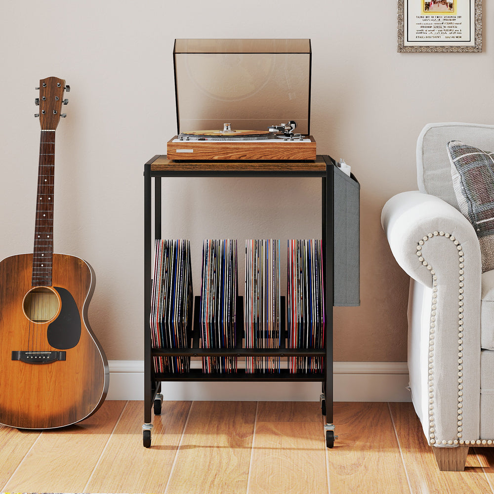 Rolling Record Player Stand 2-Tier with Vinyl Storage and Magazine Holder Bag-Rustic Brown - Gallery View 1 of 12