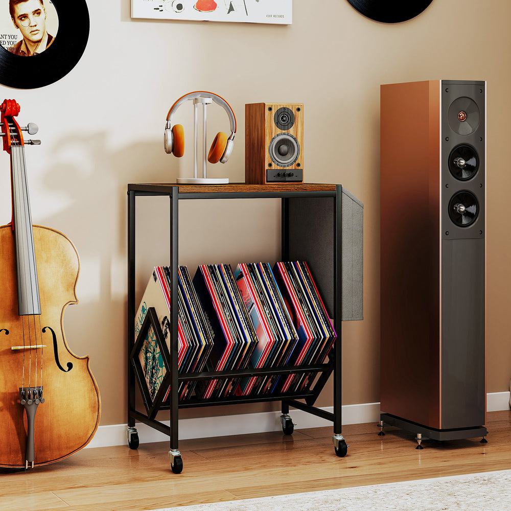 Rolling record player stand in rustic brown with vinyl storage, magazine holder, and smooth rolling wheels for easy.