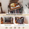 Rolling record player stand with vinyl storage, rustic brown finish, and magazine holder pouch for organized display.