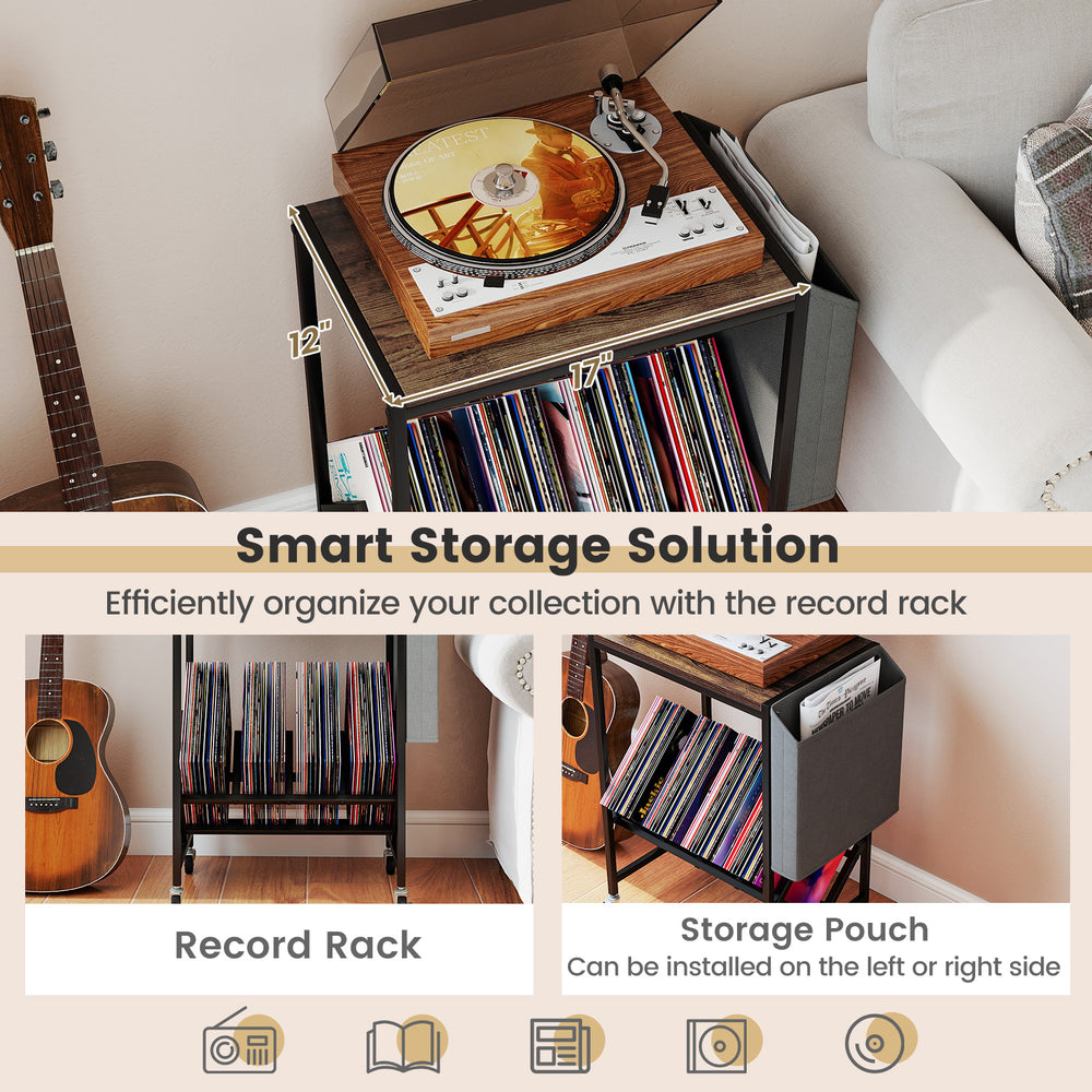 Rolling record player stand with vinyl storage, rustic brown finish, and magazine holder pouch for organized display.