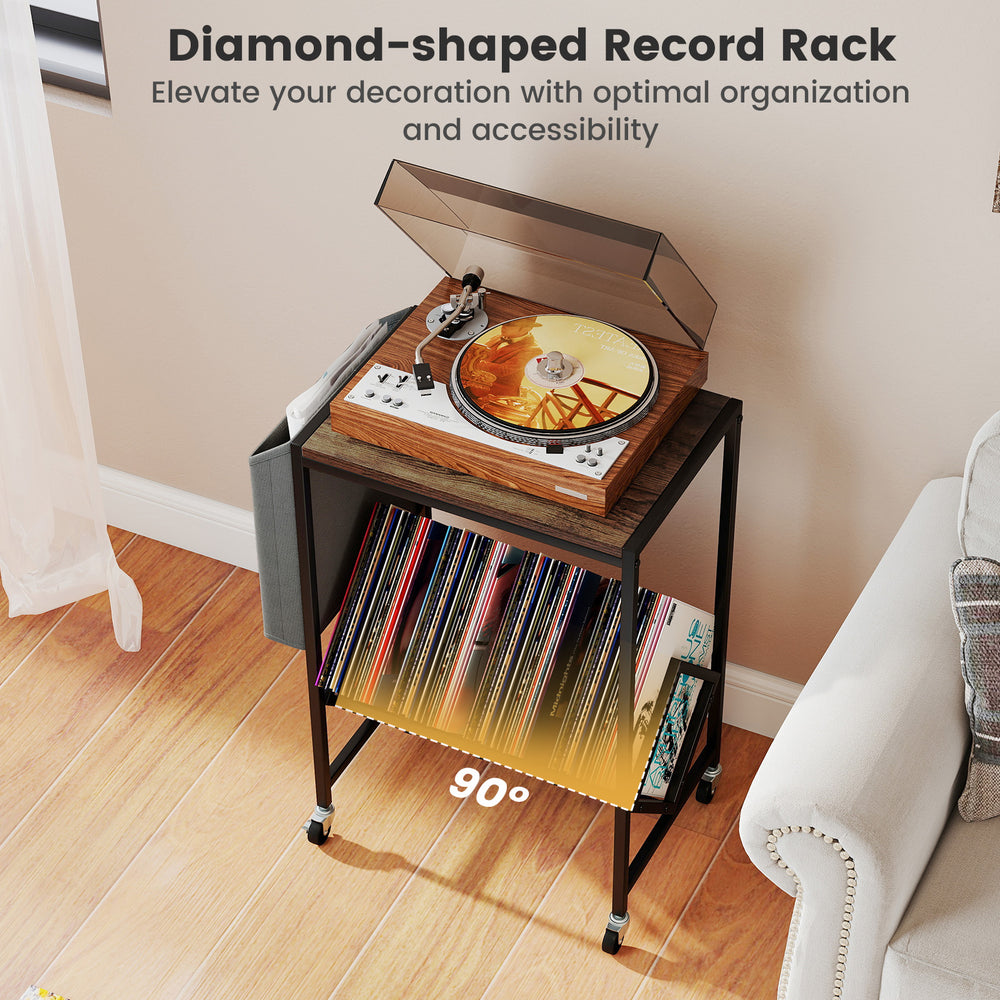 Diamond-shaped record rack with vinyl storage, rustic brown finish, and 90-degree angled shelf for easy access.