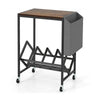 Rolling record player stand with rustic brown tabletop, vinyl storage, and magazine holder bag on a sturdy metal frame.